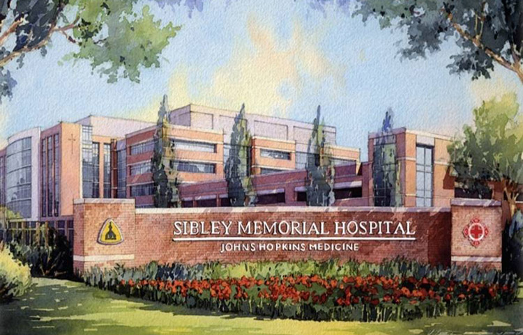Watercolor art of Sibley Memorial Hospital Johns Hopkins Medicine